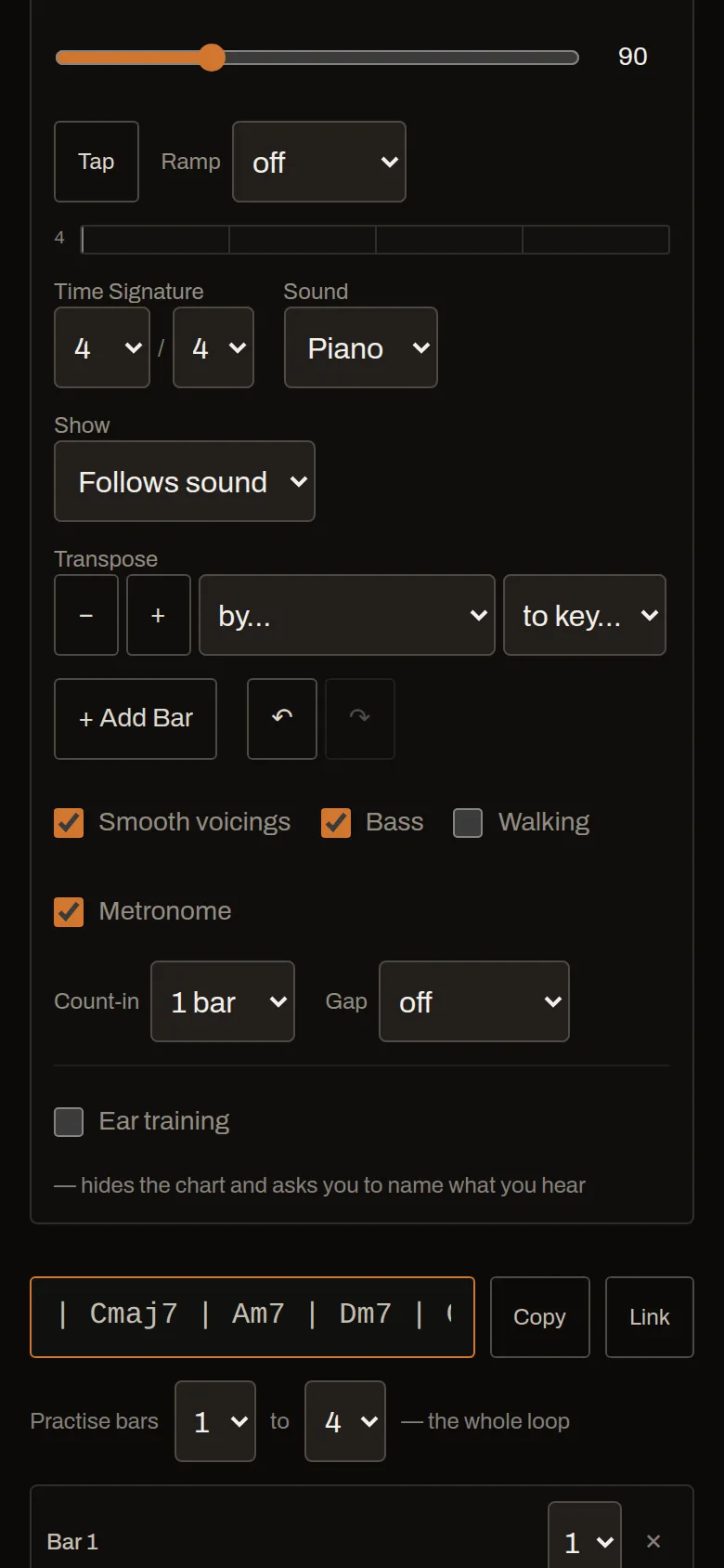 ChordLoop on a phone: the transport, the chord palette and the loop grid folded down to a single column.