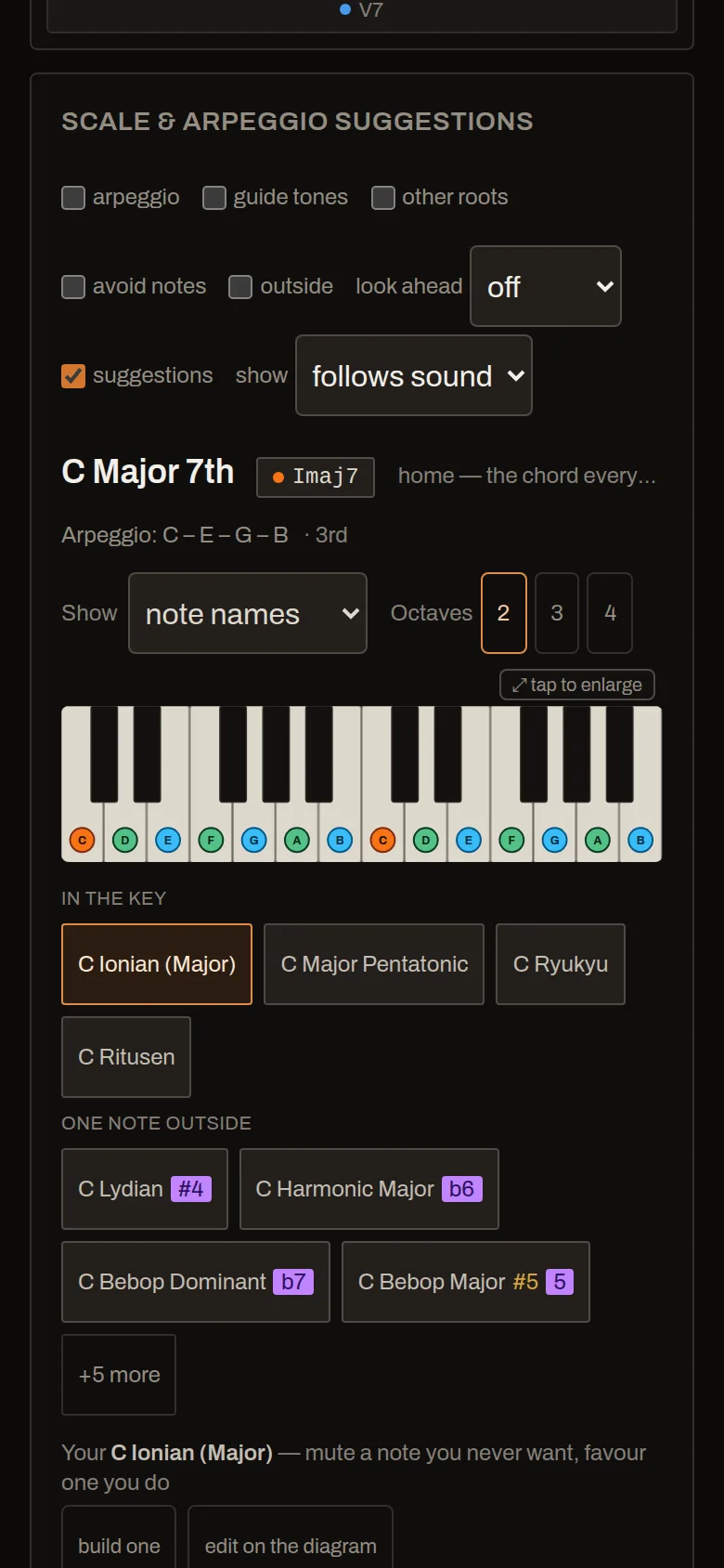 ChordLoop on a phone: a keyboard diagram with the scale marked in four colours, and the scales that fit the chord listed under it in bands by how far they sit from the key.