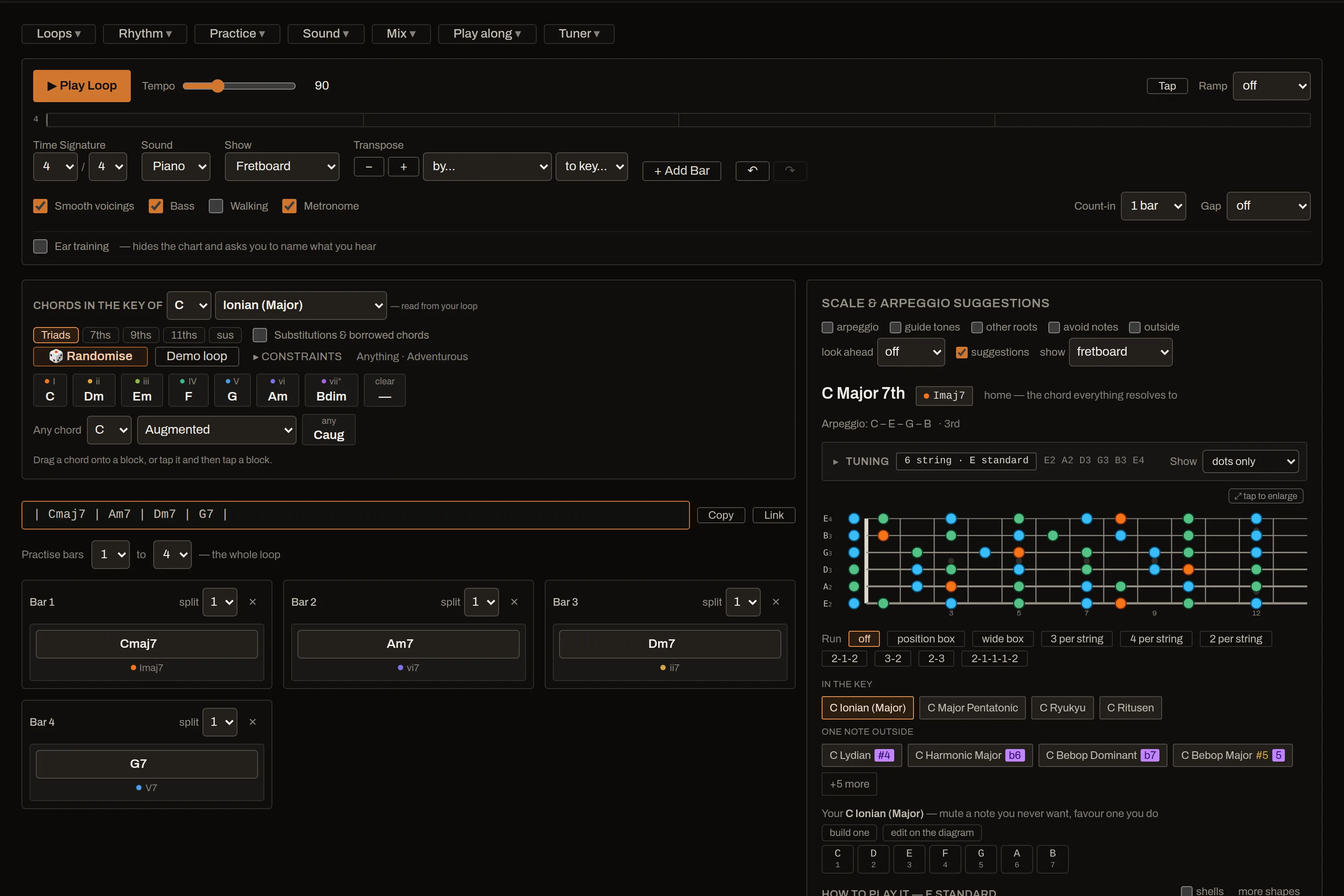 ChordLoop playing a Cmaj7–Am7–Dm7–G7 loop: the transport and chord grid on the left, and on the right the chord being played, the fretboard with its notes coloured by role, and the scales that fit it.
